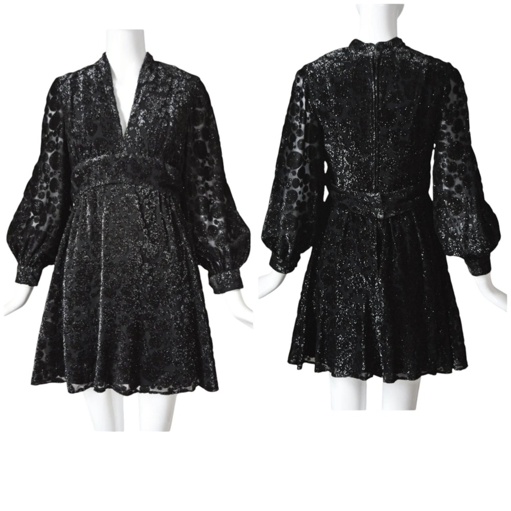 Jayna Vtg  Black Metallic Deep V Neck‎ Party Dress Brocade Bishop Sleeve Size S